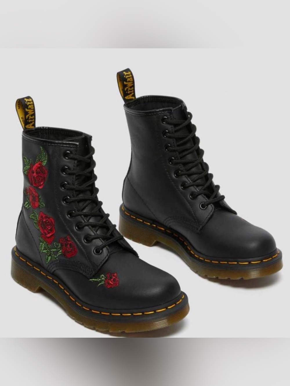 Dr. Martens Black Leather Lace-Up Boots with Red Rose Embroidery size 8L